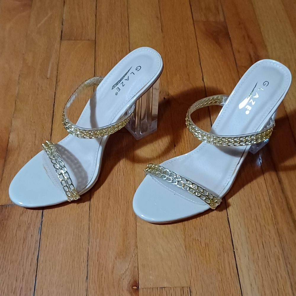 Glaze Women's Gold Heels with Clear Block Heel - Picture 3 of 11